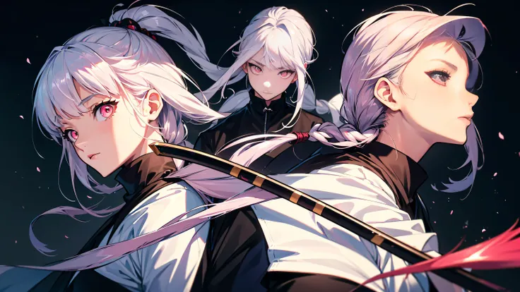 ultra-high resolution, top-quality, highest quallity, super verbose, realisitic, 8k, highest quallity, work of art, monstr, Samurai, elfa enfrentando m um grande monstr, katana, white hair, pink eyes, , shorth hair, mysterious and mysterious worldview,