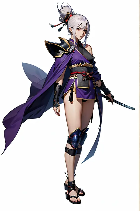 ((female ninja)), masterpiece image, high resolution image, ((samurai style shoulder armor)), ((samurai style knee armor)), samurai style shin guard armor, ((purple cape))