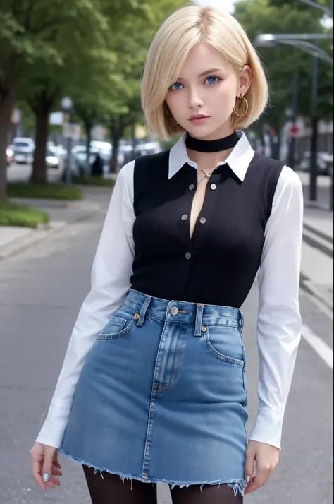 8k,Highest quality, High resolution, AND18, One Girl, Android 18, alone, Blonde, blue eyes, short hair, Earrings, jewelry, Denim dress, Open Vest, Black Pantyhose, Black Shirt, Jeans Skirt, long sleeves with stripes, Blue Skirt, Medium chest, Cowboy Shot, ...