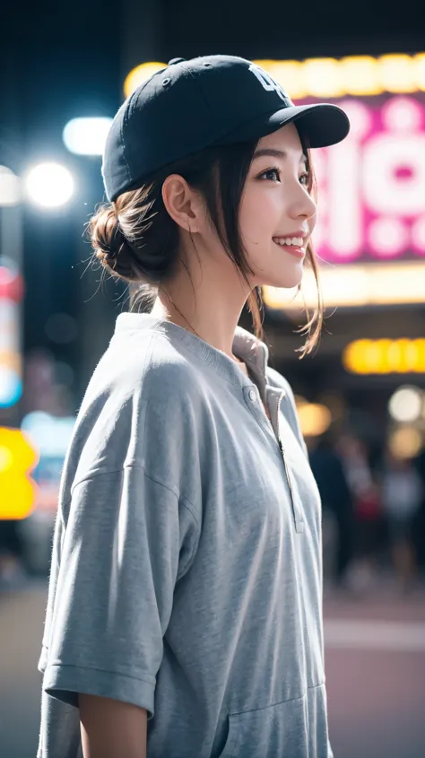 masterpiece, Highest quality, Highest quality, beautiful girl, Cute Face, 8k, Official Art, RAW Photos, When going out in the city during the hot season, please wear cool clothes., profile, Sports Cap, Teen, Face Light, Film Grain, chromatic aberration, Sh...