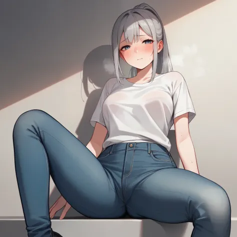 nsfw,beautiful girl,Anime Face,older sister,Gray Hair,ponytail,steam,(low quality,worst quality:1.4),extra limbs,missing limb,extra digit,fewer digit,missing digit,missing finger,fused fingers,mutated hands and fingers,1girl,sweat,white t-shirt, ,take off,...