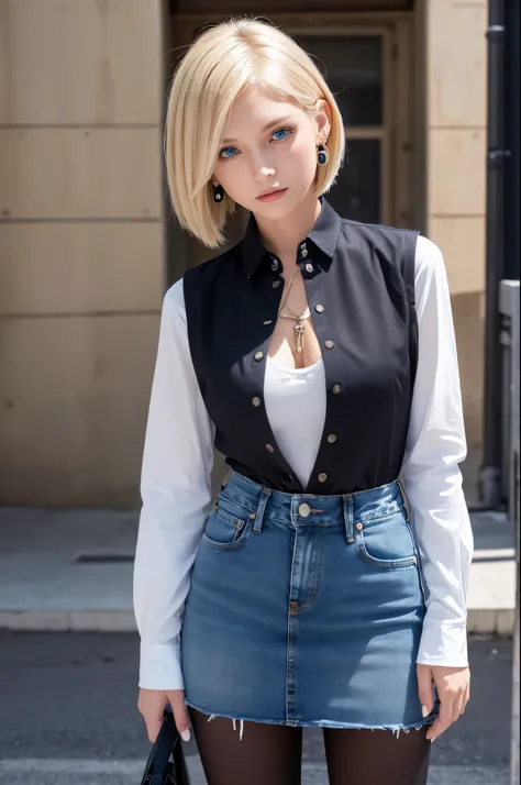 8k,Highest quality, High resolution, AND18, One Girl, Android 18, alone, Blonde, blue eyes, short hair, Earrings, jewelry, Denim dress, Open Vest, Black Pantyhose, Black Shirt, Jeans Skirt, long sleeves with stripes, Blue Skirt, Medium chest, Cowboy Shot, ...