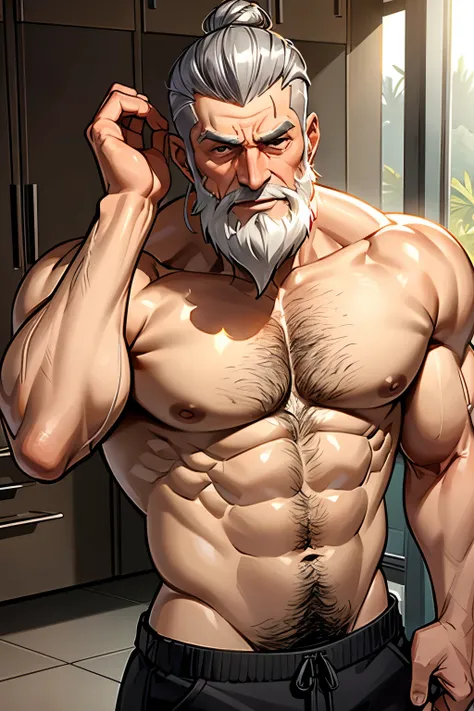 70 years old grandpa,shirtless, sexy muscle abs, slicked back bun hair shaved sides, beard, aesthetic body