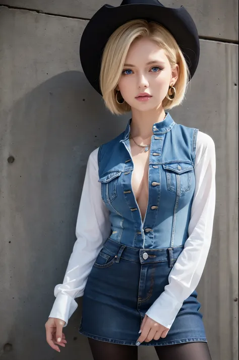 8k,Highest quality, High resolution, AND18, One Girl, Android 18, alone, Blonde, blue eyes, short hair, Earrings, jewelry, Denim dress, Open Vest, Black Pantyhose, Black Shirt, Jeans Skirt, long sleeves with stripes, Blue Skirt, Medium chest, Cowboy Shot, ...