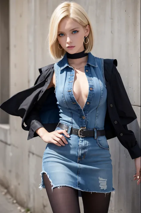 8k,Highest quality, High resolution, AND18, One Girl, Android 18, alone, Blonde, blue eyes, short hair, Earrings, jewelry, Denim dress, Open Vest, Black Pantyhose, Black Shirt, Jeans Skirt, long sleeves with stripes, Blue Skirt, Medium chest, Cowboy Shot, ...