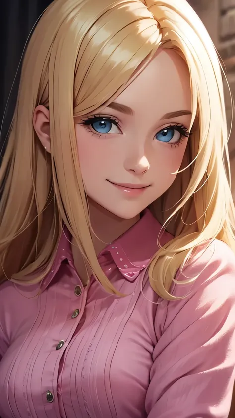 (Better image quality) a beautiful blonde woman smiling ;wearing pink clothes ;very realistic image.