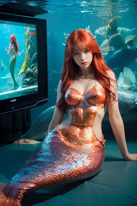 ((masterpiece, best quality, extremely detailed), volumetric lighting, ambient occlusion, colorful, glowing), 1girl, solo, young girl, (red hair), long hair, goddess, cyber suit, (mermaid design:1.3), coral, under the sea, castle, Atlantis,  (cyberpunk the...