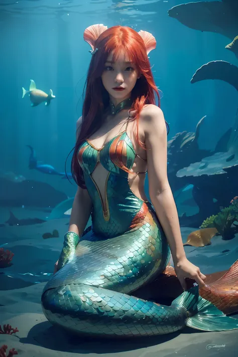 ((masterpiece, best quality, extremely detailed), volumetric lighting, ambient occlusion, colorful, glowing), 1girl, solo, young girl, (red hair), long hair, goddess, cyber suit, (mermaid design:1.3), coral, under the sea, castle, Atlantis, (cyberpunk the...