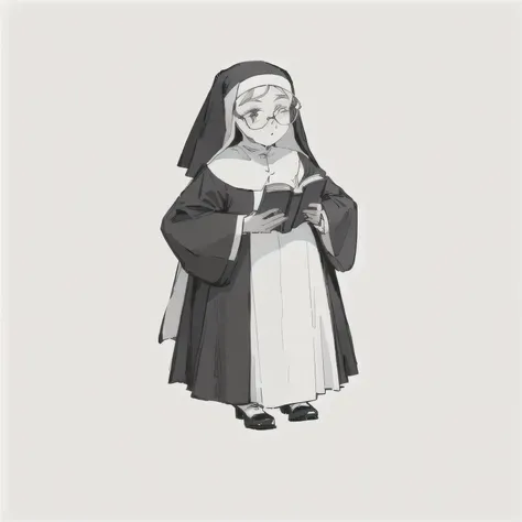 Cartoon nun, nun holding the bible, a cartoon nun holding a book and wearing glasses, nun clothes, nun, nun model.