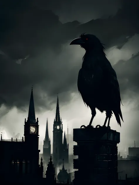 a dark and gloomy urban landscape, a lone figure of a crow perched atop a decaying building, moody and atmospheric lighting, gothic architecture, gritty textures, dramatic shadows, muted color palette, a sense of melancholy and foreboding, highly detailed ...