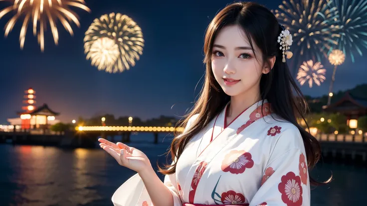 smile, wave hands, Large tear bags, Shortcuts, firework, front, 最high quality、high quality、Best image quality、8k、最High resolution、High resolution、Realistic photos, Healthy body, Beautiful Eyes, Flowing black hair, Colorful kimono, Calm expression, Soft lig...