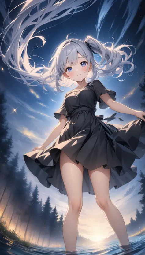 ((style:Colored pencil,pale colour)),(anime)、(masterpiece:1.2),Atmospheric perspective,Lens flare、cute、Hair blowing in the wind、((A simple black dress))、Starry night sky、Moonlight pours down from the sky、Very mysterious、Light effects、、Gray and white gradie...