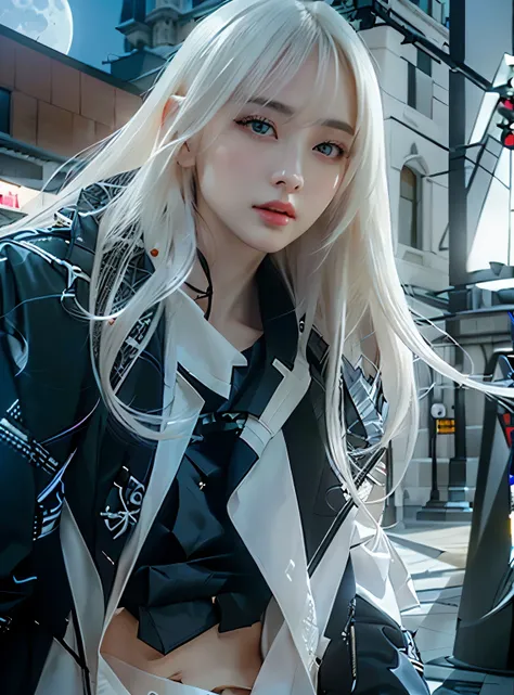 masterpiece, best quality, (focused:1.1), (perfect face:1.1), (highly detailed:1.1), dramatic, 1 person, (pale skin), long white hair, white eyes, [faint eyebrows], solitary, long hair, moon, night, white luxurious outfit, covering navel, pouting, covered,...