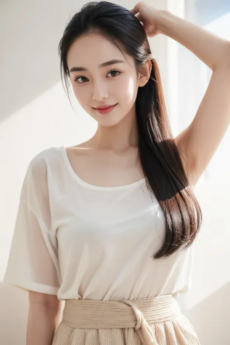 Top quality, 1 beautiful kawaii female model, japanese, Wide forehead, Wide forehead, thin eyebrows, smiling, Upper Body, Gravure models body type, stylish, high-quality clothing, wearing simple lux fashion, influencer, instagram, in resort,

