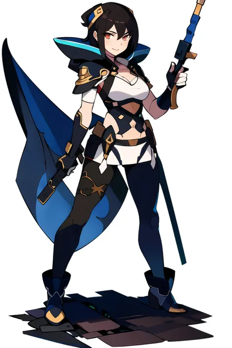 stand posture, cute eyes, 1girl, solo, high fantasy cloth, ((white background)), full body, holding weapon, crop top, character design, vivid color,