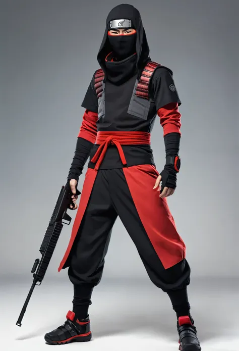 fair-skinned male, Red shirt, black and red hair, samurai case, black balaclava covering from neck to nose, red slipper, red and gray Naruto character style pants. Armed with a technological red xm8 rifle in his hands