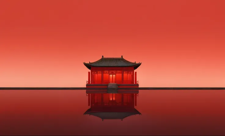 Reflection of red building, zen Temple Background, Quiet,mystery；More complex and concise details； Depicting the background of the temple, Temple Background, Chinese Architecture, red reflections, Chinese Palace, Chinese Architecture, Palace on the water, ...