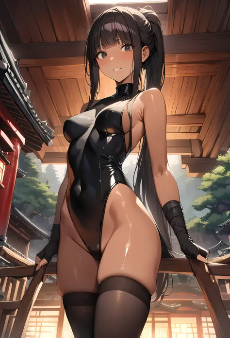 ((masterpiece,best quality anime,Highest quality:1.3)),realistic,cowboy shot,(25 year old beauty),Female ninja,1woman,solo,((very small head:1.4)),((very long body:1.3)),black hair,bangs,(long ponytail hair),gorgeous big eyes,black eyes,smile,((tan skin:1....