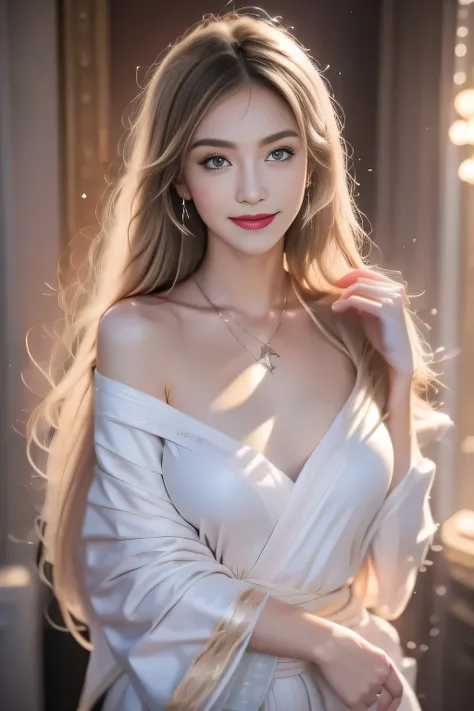 Standing in the bathroom, Aroused, necklace, earrings, whole body, Long white hair, White Kimono, superb, Ultra HD, RAW photos, realism: 1.25), (Bright lip gloss, Long eyelashes, Smooth face , Bright skin, Natural shadows, Wide-angle light, Wide-angle ligh...