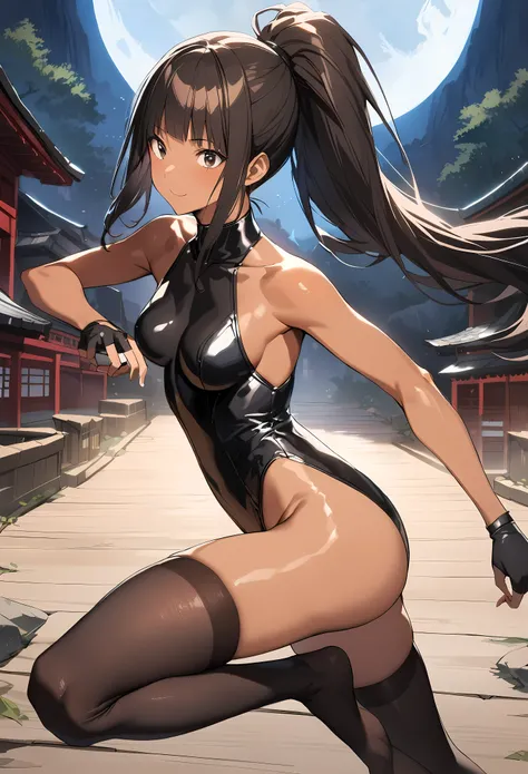 Action Scenes,((masterpiece,best quality anime,Highest quality:1.3)),realistic,cowboy shot,(25 year old beauty),Female ninja,1woman,solo,((very small head:1.4)),((very long body:1.3)),black hair,bangs,(long ponytail hair),gorgeous big eyes,black eyes,smile...