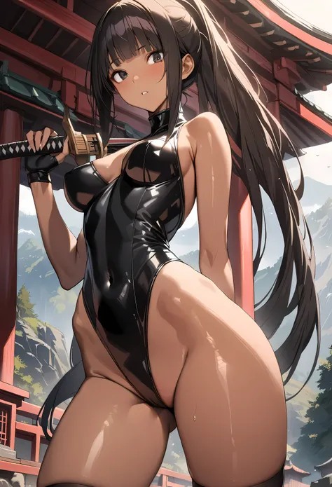 ((masterpiece,best quality anime,Highest quality:1.3)),realistic,cowboy shot,(25 year old beauty),Female ninja,1woman,solo,((very small head:1.4)),((very long body:1.3)),black hair,bangs,(long ponytail hair),gorgeous big eyes,black eyes,((tan skin:1.5)),(b...