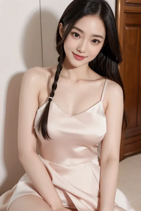 Large bust, Top quality, 1 beautiful kawaii female model, japanese, front facing, straight hair, Wide forehead, Wide forehead, thin eyebrows, Gravure models body type, stylish, silk simple dress, high-quality clothing, wearing lux fashion, influencer, inst...