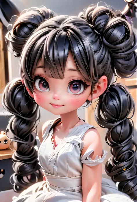 a kawaii vampiress, intrincate hairstyle, hair accesories, white clothing, toddlers cute dress, pumps, black pumps, night time, ...