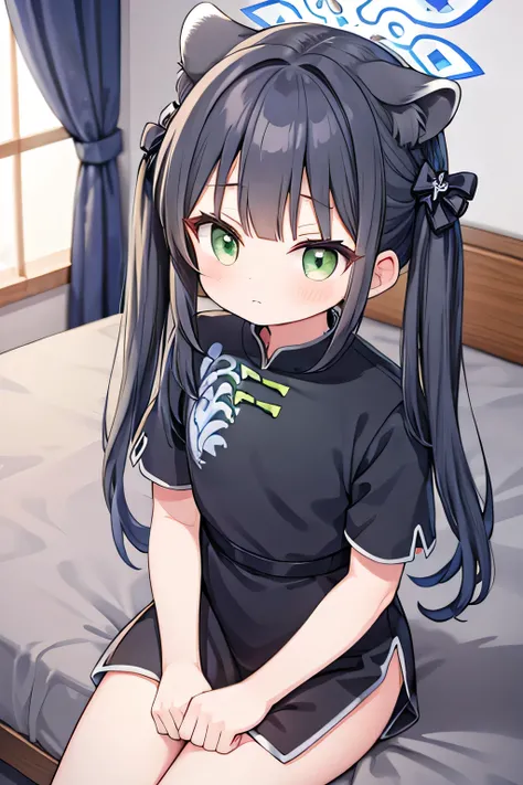 shunny, halo, animal ears, flat chest, twintails, chinese clothes, short sleeves, bedroom sit pose