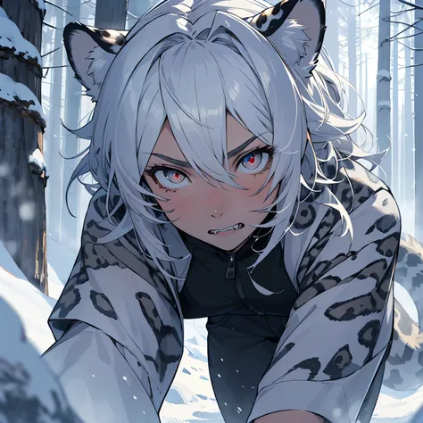 1 female, snow leopard demihuman, pretty, adult female, fluffy ears, narrow eyes, cold stare, fluffy tail, snow leopard ears and tail, human body, silver eyes, sharp teeth, curly long messy white hair, inside a snowy forest background, a anime artstyle, de...