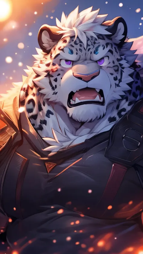 human nature, wild animals, male, 28 years old，youth，solitary, ((Round Face, The face is plump, Purple Eyes, Thick white hair，Scars)), ((Endomorph, Handsome，Hot Blood)), （Mecha suit，no electricity，exhausted), ((domestic snow leopard, Snow leopard orcs) Flu...