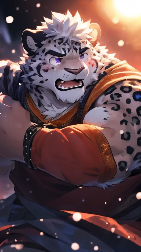 human nature, wild animals, male, 28 years old，youth，solitary, ((Round Face, The face is plump, Purple Eyes, Thick white hair，Scars)), ((Endomorph, Handsome，Hot Blood)), （Mecha suit，no electricity，exhausted), ((domestic snow leopard, Snow leopard orcs) Flu...