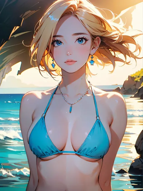 Classical painting,Seaside cave at night,Woman in swimwear ,An ennui atmosphere and expression,Brightly colored bikini,necklace,Earrings,bracelet, alone，Beautiful Face、Lively Faces、40 years old、Sex appeal in adult women,blondes,blondes,Short Bob,Beautiful ...