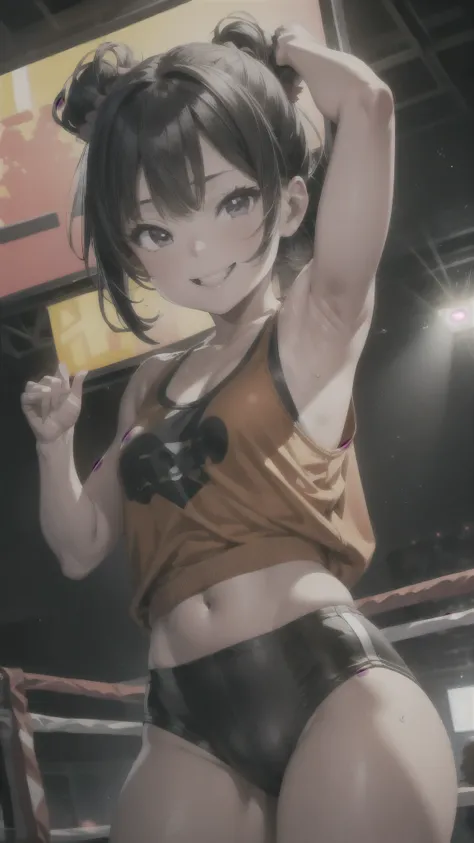 a 5-year-old girl boxing, muscular body, orange tank top, invincible smile, in the ring, cheered up, black fur, black eyes, throwing strong punch, pink boxing gloves, slightly sweaty, (best quality,4k,8k,highres,masterpiece:1.2),ultra-detailed,(realistic,p...