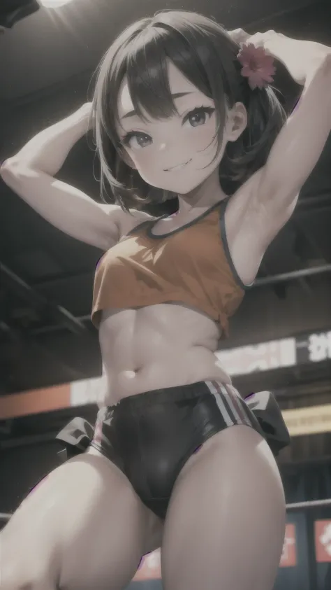 a 5-year-old girl boxing, muscular body, orange tank top, invincible smile, in the ring, cheered up, black fur, black eyes, throwing strong punch, pink boxing gloves, slightly sweaty, (best quality,4k,8k,highres,masterpiece:1.2),ultra-detailed,(realistic,p...