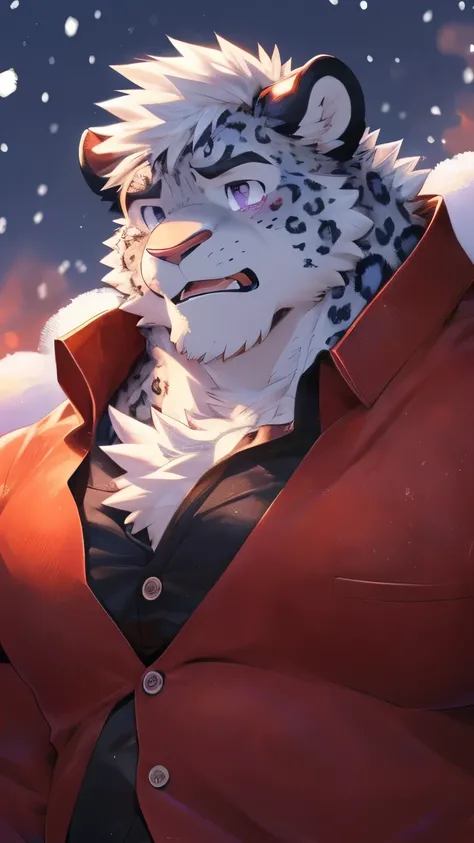 human nature, wild animals, male, 28 years old，youth，solitary, ((Round Face, The face is plump, Purple Eyes, Thick white hair，Scars)), ((Endomorph, Handsome，Hot Blood)), （Mecha suit，no electricity，exhausted), ((domestic snow leopard, Snow leopard orcs) Flu...