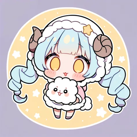 Cute clothes like a sheep costume、Chibi Character、whole body、Big, round heart-shaped eyes、Long eyelashes、Thick outline、KAWAII,CUTE、Sheep horns、fluffy hair、Fluffy twin tails with bangs、Pink and light blue and white and yellow、Holding a cute cat、high quality...