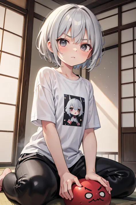 In the summer daytime, in a Japanese-style room,detailed background,beautiful background,BREAK he is sitting on tatami,
BREAK
A old male,Short Hair,Gray Hair,grandfather,T shirts,black pants,Tsundere,red cheek,black eyes,Childhood Friend BREAK he folds his...