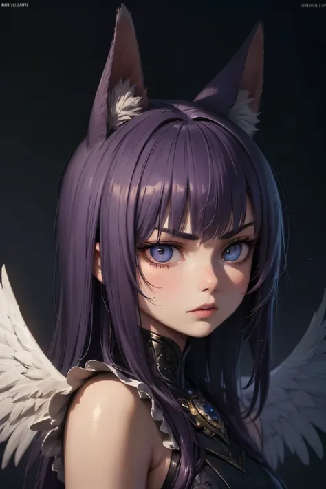 a 10 year old girl, white wings on back, fox ears, purple hair, serious expression, purple energy around, beautiful detailed eyes, beautiful detailed lips, extremely detailed face and features, 1girl, fantasy, magical realism, cinematic lighting, dramatic ...