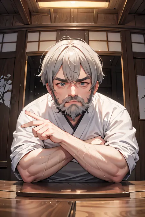 In the summer daytime, in a Japanese-style classroom,detailed background,beautiful background
BREAK
A old male,Short Hair,beard,Gray Hair,grandfather,male,
BREAK he folds his arms, with wrinkles between his brows. An aura of anger (emanating:1.5) rises fro...