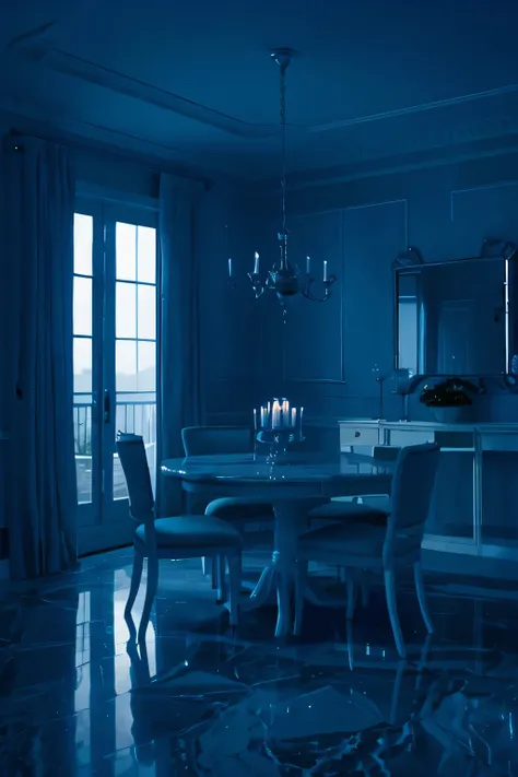 a white dreamy house, dining room, retro, foggy, soft focus, year of 1995, cool lighting, muted pastel colors, glowing atmosphere, dramatic shadows, cinematic composition, dream-like quality, ethereal, romantic, soft focus photography, dark blue hour, midn...