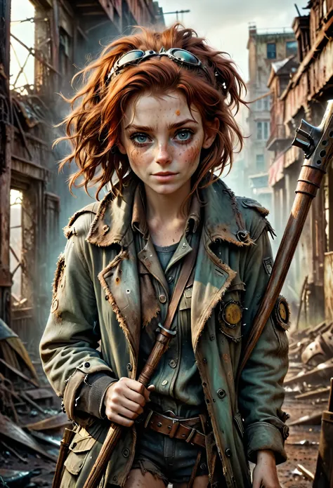 (Realistic:1.2), (whimsical:1.2), ultra detailed, modern analog style, photorealistic cute woman, chestnut hair, tattered outwear, post-apocalyptic, detailed face, beautiful eyes, (shy smile:0.7), freckles, holding a big staff, exhausted after another batt...