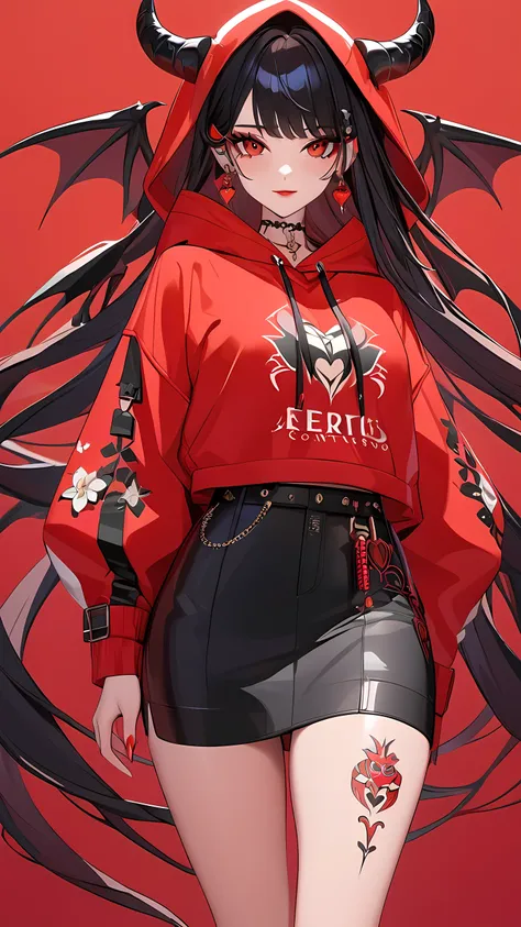 a 3D animated character,1girl, Her decked out in an big red themed ensemble,complete with a hoodie adorned, Her laid-back demeanor contrasts with the vibrant,demon accessories, ((on an red background)), array of tattoos, masterpiece,best quality,