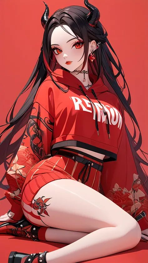 a 3D animated character,1girl, Her decked out in an big red themed ensemble,complete with a hoodie adorned, Her laid-back demeanor contrasts with the vibrant,demon accessories, ((on an red background)), array of tattoos, masterpiece,best quality,