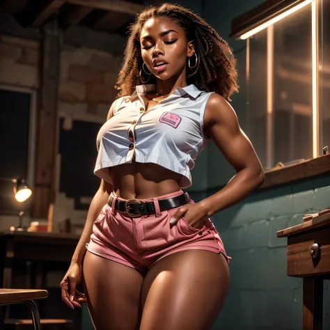 in classroom, (18 years old), (dark skin), dark skin, wide shot, blond hair, orgasm, (white button down top, pink shorts with be...