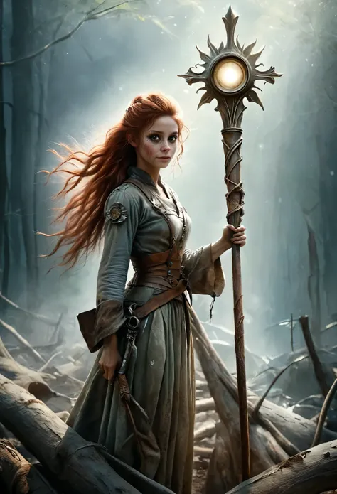 (Realistic:1.2), (whimsical:1.2), ultra detailed, modern analog style, photorealistic cute woman, chestnut hair, tattered outwear, post-apocalyptic, detailed face, beautiful eyes, (shy smile:0.7), (freckles:0.5), holding a big staff, exhausted after anothe...