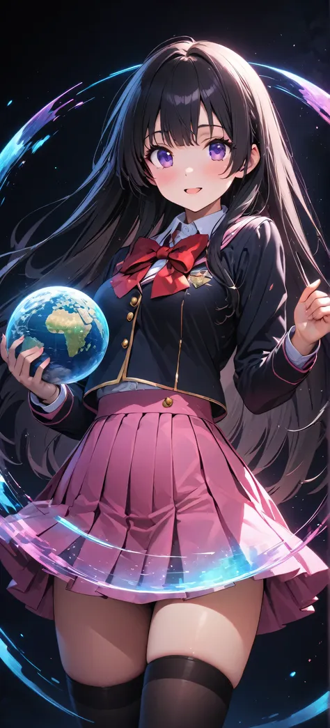 a woman in a short skirt holding a globe in her hands