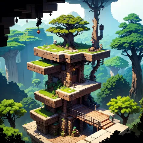 A jungle of platform games, Trees, blocky, stones, chests, leathers,  side scroller