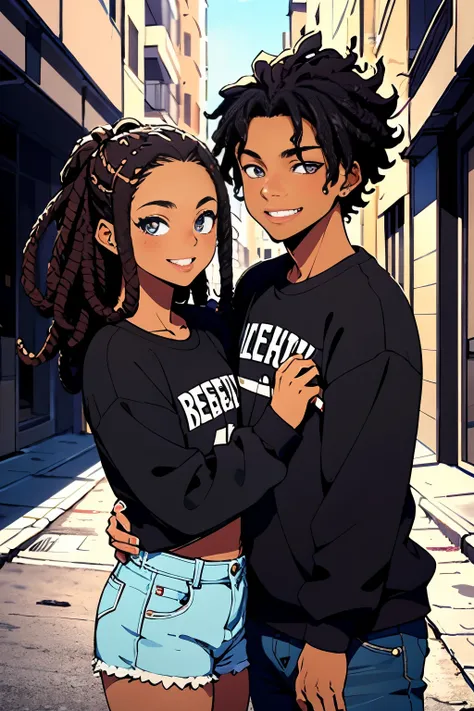 an anime style image that celebrates love between black couples.  and blacks, spanish,Skin color is brown, matching sweatshirt, beautiful detailed eyes,  com dreadlocks,Hair tied back,  with curly hair, urban environment, swirly vibrant colors, streetart, ...