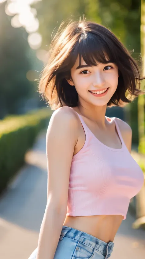 masterpiece, Best Quality, 8K, 18 yo, young girl, beautiful tight round perfect breasts, Soft light, Professional Lighting, Solo, Smile, close up, Cute, Girly, Medium short hair swaying in the wind, Bangs, very tight small Tank top, short Pants, Pink sneak...