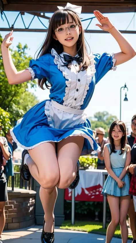 13 year old nerd girl、(Having a blast dressed up as Alice in Wonderland)、Droopy eyes:1.4、Big round eyes、Joy、Active pose、((Raise your arms and jump))、Very thin thighs、Very long legs、Filmed at Disneyland